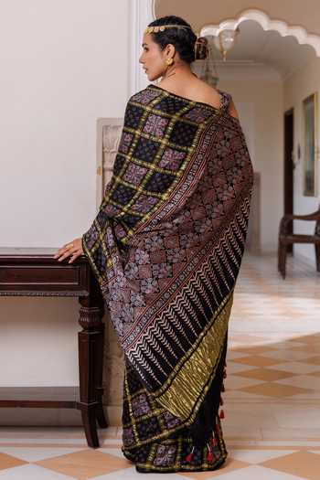 Shop Geroo Jaipur Black Silk, Modal One Shoulder Ajrakh Print Saree Set at Aza Fashions Shop_Geroo Jaipur_Black Silk, Modal One Shoulder Ajrakh Print Saree Set _at_Aza_Fashions