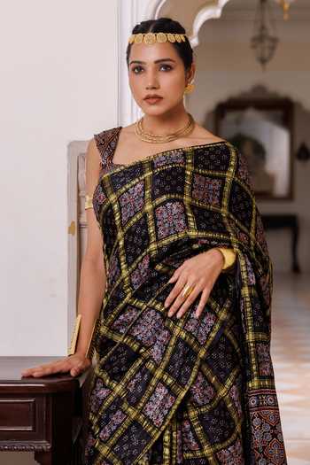 Geroo Jaipur Black Silk, Modal One Shoulder Ajrakh Print Saree Set at Aza Fashions Geroo Jaipur_Black Silk, Modal One Shoulder Ajrakh Print Saree Set _at_Aza_Fashions