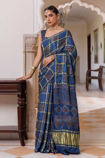 Buy Geroo Jaipur Blue Modal, Silk Square Neck Ajrakh Printed Saree Set Online at Aza Fashions Buy_Geroo Jaipur_Blue Modal, Silk Square Neck Ajrakh Printed Saree Set _Online_at_Aza_Fashions