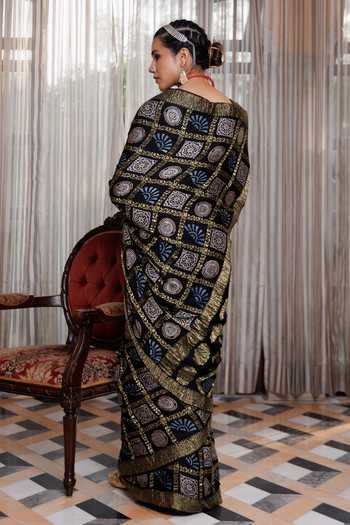Shop Geroo Jaipur Black Silk, Modal Square Neck Ajrakh Printed Saree Set at Aza Fashions Shop_Geroo Jaipur_Black Silk, Modal Square Neck Ajrakh Printed Saree Set _at_Aza_Fashions