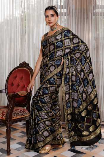 Shop Geroo Jaipur Black Silk, Modal Square Neck Ajrakh Printed Saree Set Online at Aza Fashions Shop_Geroo Jaipur_Black Silk, Modal Square Neck Ajrakh Printed Saree Set _Online_at_Aza_Fashions