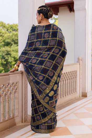 Shop Geroo Jaipur Blue Silk, Modal One Shoulder Ajrakh Printed Saree And Blouse Set at Aza Fashions Shop_Geroo Jaipur_Blue Silk, Modal One Shoulder Ajrakh Printed Saree And Blouse Set _at_Aza_Fashions