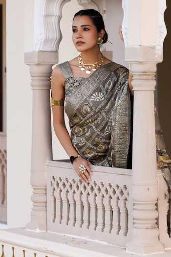 Geroo Jaipur Grey Silk, Modal Ajrakh Printed Saree Set Online at Aza Fashions Geroo Jaipur_Grey Silk, Modal Ajrakh Printed Saree Set _Online_at_Aza_Fashions