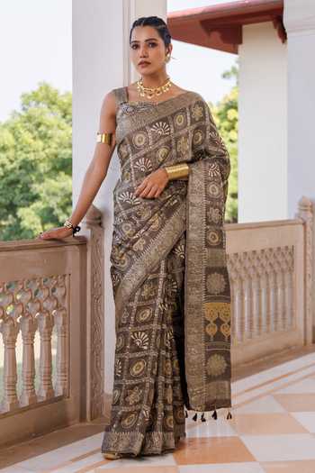 Geroo Jaipur Ajrakh Printed Modal Silk Saree Set