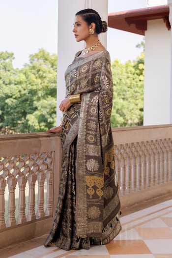 Buy Geroo Jaipur Grey Silk, Modal Ajrakh Printed Saree Set Online at Aza Fashions Buy_Geroo Jaipur_Grey Silk, Modal Ajrakh Printed Saree Set _Online_at_Aza_Fashions