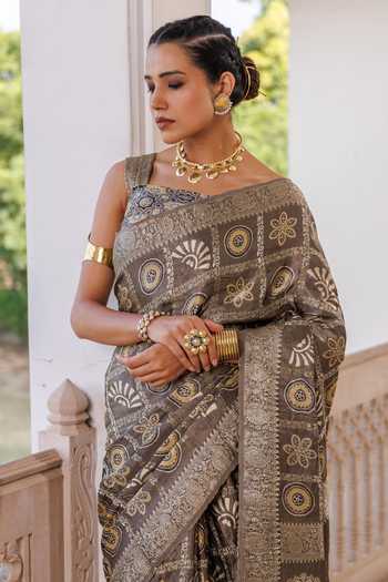 Shop Geroo Jaipur Grey Silk, Modal Ajrakh Printed Saree Set Online at Aza Fashions Shop_Geroo Jaipur_Grey Silk, Modal Ajrakh Printed Saree Set _Online_at_Aza_Fashions