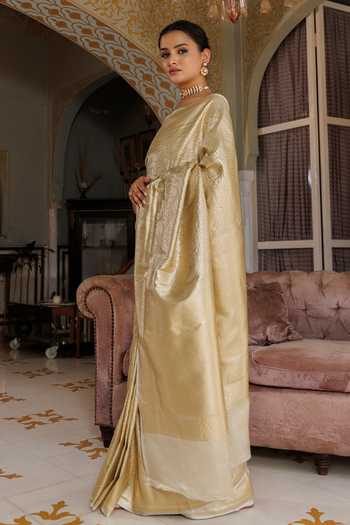 Geroo Jaipur_Gold Tissue One Shoulder Zari Work Saree Set _Online_at_Aza_Fashions
