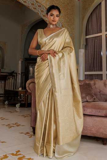 Geroo Jaipur_Gold Tissue V-neck Banarasi Saree Set _Online_at_Aza_Fashions