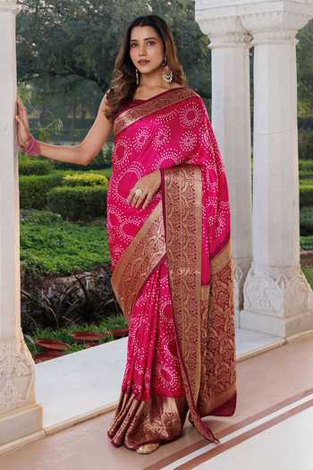 Buy Geroo Jaipur Pink Silk One Shoulder Heavy Zari Bandhani Gajji Saree Set Online at Aza Fashions Buy_Geroo Jaipur_Pink Silk One Shoulder Heavy Zari Bandhani Gajji Saree Set _Online_at_Aza_Fashions