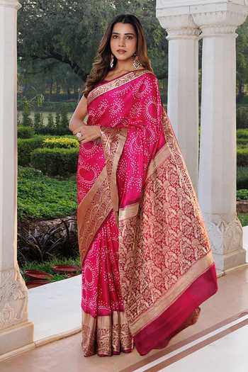 Shop Geroo Jaipur Pink Silk One Shoulder Heavy Zari Bandhani Gajji Saree Set Online at Aza Fashions Shop_Geroo Jaipur_Pink Silk One Shoulder Heavy Zari Bandhani Gajji Saree Set _Online_at_Aza_Fashions
