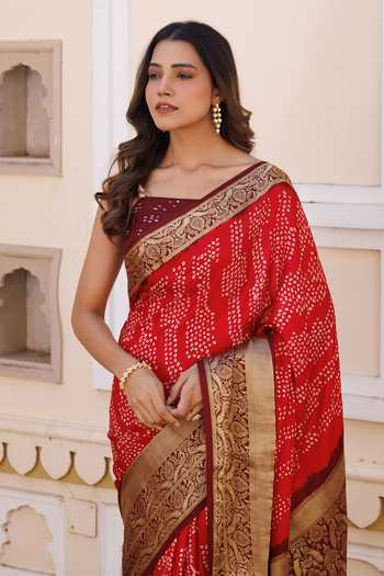 Shop_Geroo Jaipur_Red Silk One Shoulder Bandhani Gajji Saree Set _Online_at_Aza_Fashions