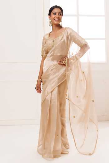 Geroo Jaipur_Gold Tissue Round Neck Pure Saree Set _Online_at_Aza_Fashions