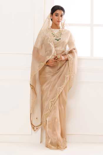 Geroo Jaipur Gold Tissue Round Neck Gota Patti Pure Saree Set Online at Aza Fashions Geroo Jaipur_Gold Tissue Round Neck Gota Patti Pure Saree Set _Online_at_Aza_Fashions