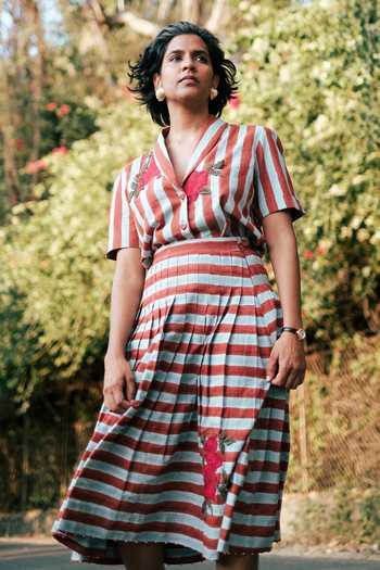 Shop Jodi Red Cotton Button-down Neck Doriya Floral Applique Blouse Online at Aza Fashions Shop_Jodi_Red Cotton Button-down Neck Doriya Floral Applique Blouse _Online_at_Aza_Fashions