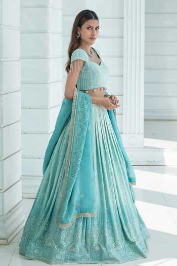 Buy_Monk & Mei By Sonia Anand_Blue Organza, Georgette, Florance Chikankari Embroidered Ombre Lehenga Set _Online_at_Aza_Fashions