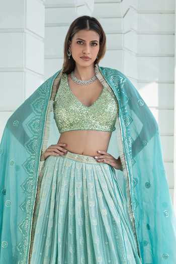 Monk & Mei By Sonia Anand Blue Georgette V-neck Aurelia Chikankari Ombre Lehenga Set Online at Aza Fashions Monk & Mei By Sonia Anand_Blue Georgette V-neck Aurelia Chikankari Ombre Lehenga Set _Online_at_Aza_Fashions