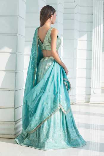 Buy Monk & Mei By Sonia Anand Blue Georgette V-neck Aurelia Chikankari Ombre Lehenga Set Online at Aza Fashions Buy_Monk & Mei By Sonia Anand_Blue Georgette V-neck Aurelia Chikankari Ombre Lehenga Set _Online_at_Aza_Fashions