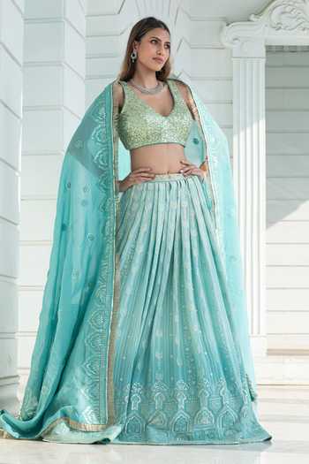 Shop Monk & Mei By Sonia Anand Blue Georgette V-neck Aurelia Chikankari Ombre Lehenga Set Online at Aza Fashions Shop_Monk & Mei By Sonia Anand_Blue Georgette V-neck Aurelia Chikankari Ombre Lehenga Set _Online_at_Aza_Fashions