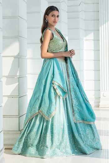 Buy Monk & Mei By Sonia Anand Blue Georgette V-neck Aurelia Chikankari Ombre Lehenga Set Buy_Monk & Mei By Sonia Anand_Blue Georgette V-neck Aurelia Chikankari Ombre Lehenga Set