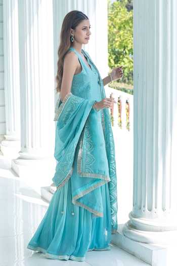 Buy Monk & Mei By Sonia Anand Blue Georgette, Cotton V-neck Stella Short Kurta Chikankari Sharara Set Online at Aza Fashions Buy_Monk & Mei By Sonia Anand_Blue Georgette, Cotton V-neck Stella Short Kurta Chikankari Sharara Set _Online_at_Aza_Fashions