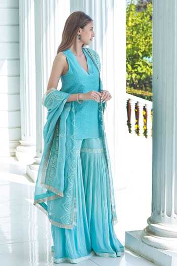 Monk & Mei By Sonia Anand Blue Georgette, Cotton V-neck Stella Short Kurta Chikankari Sharara Set at Aza Fashions Monk & Mei By Sonia Anand_Blue Georgette, Cotton V-neck Stella Short Kurta Chikankari Sharara Set _at_Aza_Fashions