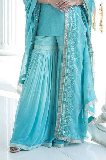 Buy Monk & Mei By Sonia Anand Blue Georgette, Cotton V-neck Stella Short Kurta Chikankari Sharara Set Buy_Monk & Mei By Sonia Anand_Blue Georgette, Cotton V-neck Stella Short Kurta Chikankari Sharara Set