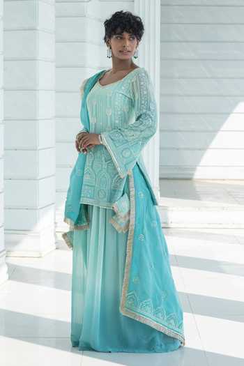 Monk & Mei By Sonia Anand_Blue Organza, Georgette Square Neck June Ombre Chikankari Kurta Palazzo Set _Online_at_Aza_Fashions
