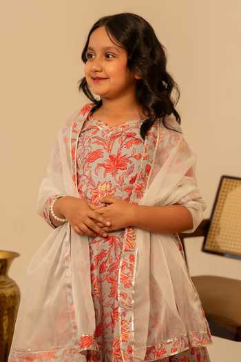 Shop_Pomcha Jaipur_Grey Cotton, Organza Floral Print Lehenga Set _Online_at_Aza_Fashions