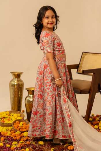 Pomcha Jaipur_Grey Cotton, Organza Floral Print Lehenga Set _at_Aza_Fashions