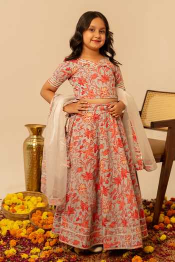 Buy_Pomcha Jaipur_Grey Cotton, Organza Floral Print Lehenga Set 