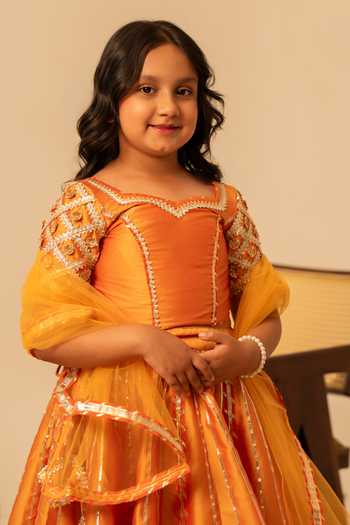 Pomcha Jaipur_Orange Taffeta, Net Gota Patti Work Lehenga Set _Online_at_Aza_Fashions