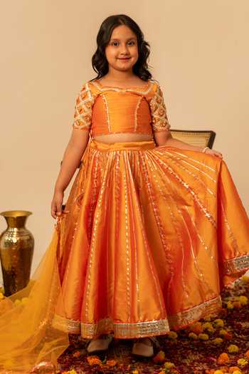 Buy_Pomcha Jaipur_Orange Taffeta, Net Gota Patti Work Lehenga Set _Online_at_Aza_Fashions