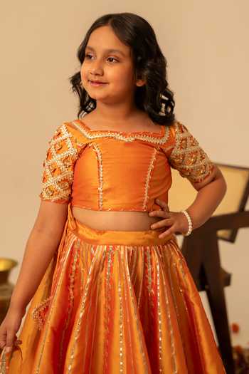 Shop_Pomcha Jaipur_Orange Taffeta, Net Gota Patti Work Lehenga Set _Online_at_Aza_Fashions