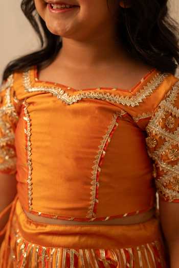 Pomcha Jaipur_Orange Taffeta, Net Gota Patti Work Lehenga Set _at_Aza_Fashions