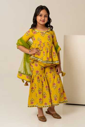 Buy_Pomcha Jaipur_Yellow Cotton, Net Block Print Kurta Sharara Set _Online_at_Aza_Fashions