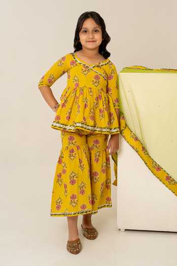 Shop_Pomcha Jaipur_Yellow Cotton, Net Block Print Kurta Sharara Set _Online_at_Aza_Fashions