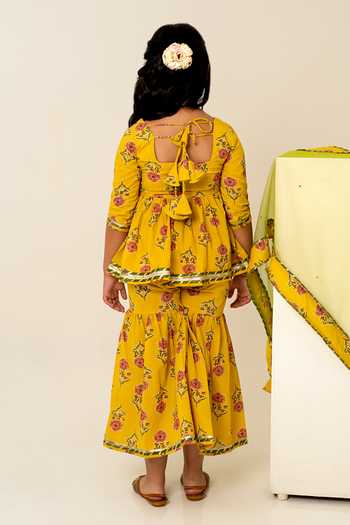 Pomcha Jaipur Block Print Kurta Sharara Set 