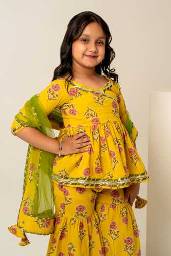 Pomcha Jaipur_Yellow Cotton, Net Block Print Kurta Sharara Set _at_Aza_Fashions