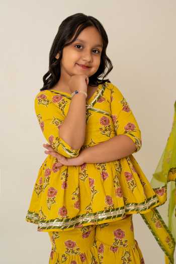 Buy_Pomcha Jaipur_Yellow Cotton, Net Block Print Kurta Sharara Set 