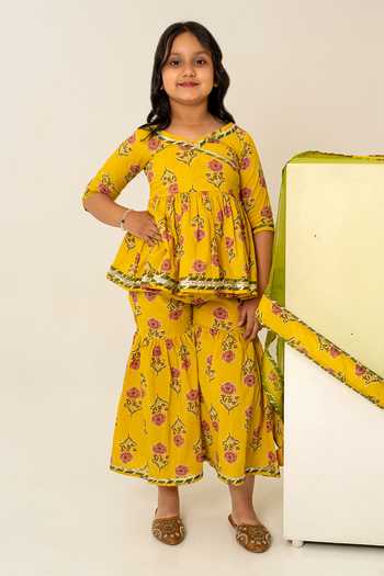 Shop_Pomcha Jaipur_Yellow Cotton, Net Block Print Kurta Sharara Set 