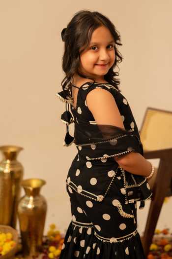 Pomcha Jaipur_Black Cotton, Net Block Print Kurta Sharara Set _Online_at_Aza_Fashions