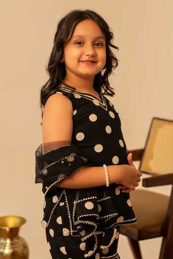 Buy_Pomcha Jaipur_Black Cotton, Net Block Print Kurta Sharara Set _Online_at_Aza_Fashions