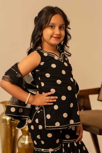 Shop_Pomcha Jaipur_Black Cotton, Net Block Print Kurta Sharara Set _Online_at_Aza_Fashions