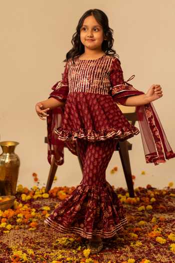 Shop Pomcha Jaipur Maroon Cotton, Net Hand Block Print Kurta Set Online at Aza Fashions Shop_Pomcha Jaipur_Maroon Cotton, Net Hand Block Print Kurta Set _Online_at_Aza_Fashions
