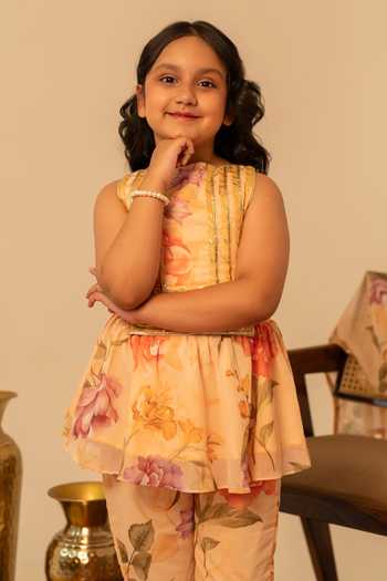 Buy_Pomcha Jaipur_Peach Muslin Floral Print Kurta Sharara Set _Online_at_Aza_Fashions