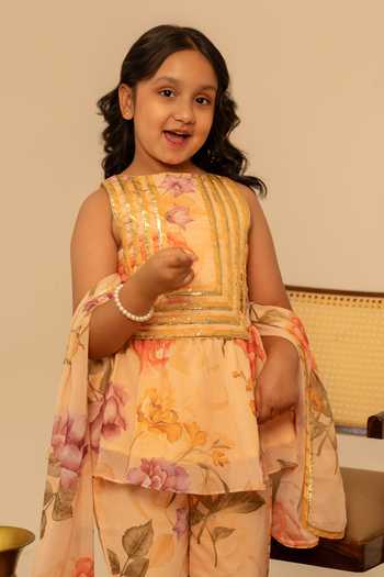 Shop_Pomcha Jaipur_Peach Muslin Floral Print Kurta Sharara Set _Online_at_Aza_Fashions