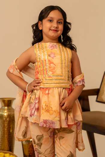 Pomcha Jaipur_Peach Muslin Floral Print Kurta Sharara Set _at_Aza_Fashions