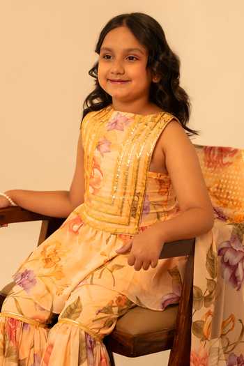Buy_Pomcha Jaipur_Peach Muslin Floral Print Kurta Sharara Set 