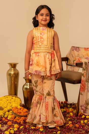 Shop_Pomcha Jaipur_Peach Muslin Floral Print Kurta Sharara Set 