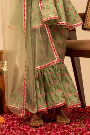 Buy_Pomcha Jaipur_Green Cotton, Net Block Print Kurta Sharara Set _Online_at_Aza_Fashions